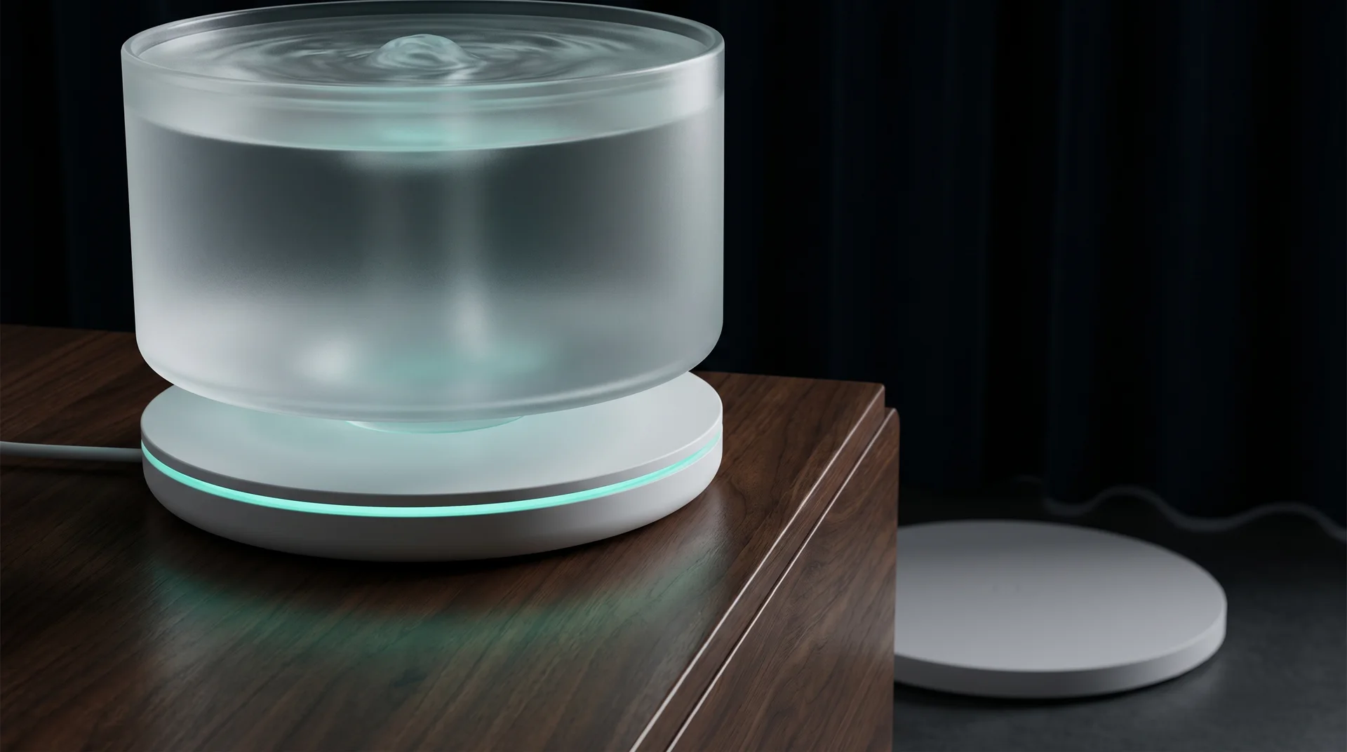 The NineWell app fountain resting on its matte-white sensing base with a glowing aqua-teal seam, beside a low weight-mat disc, in a dark studio.